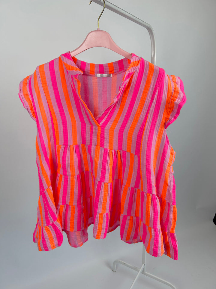 MUSSELINTOP MIT RÜSCHENÄRMELN NEONSTRIPES EINHEITSGRÖSSE (B-WARE)