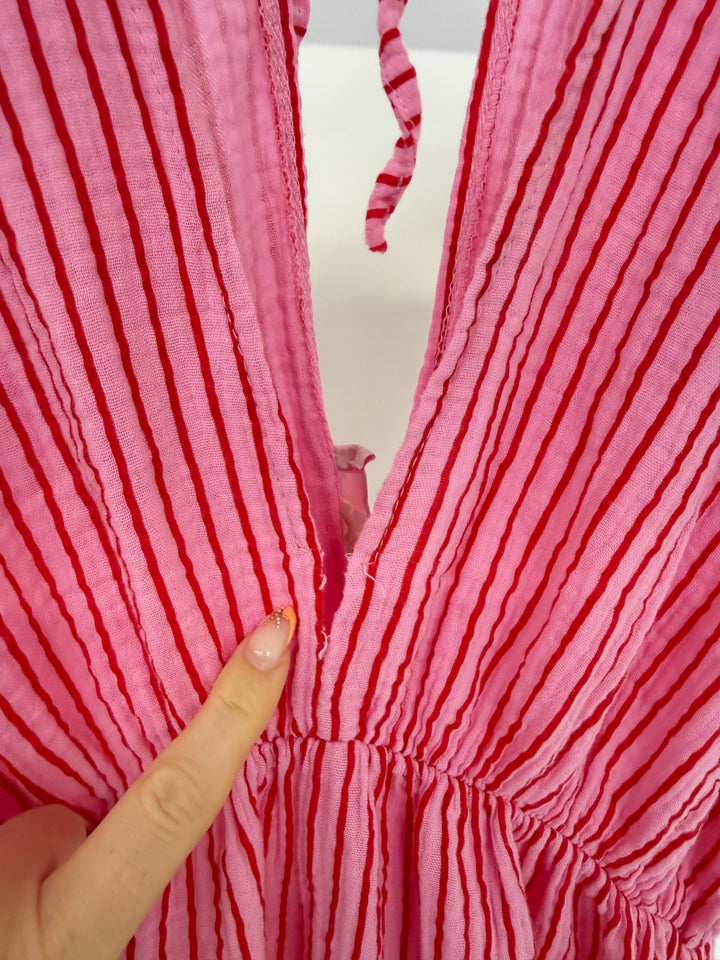 LANGES MUSSELINKLEID CASUAL STRIPES WATERMELON (B-WARE)