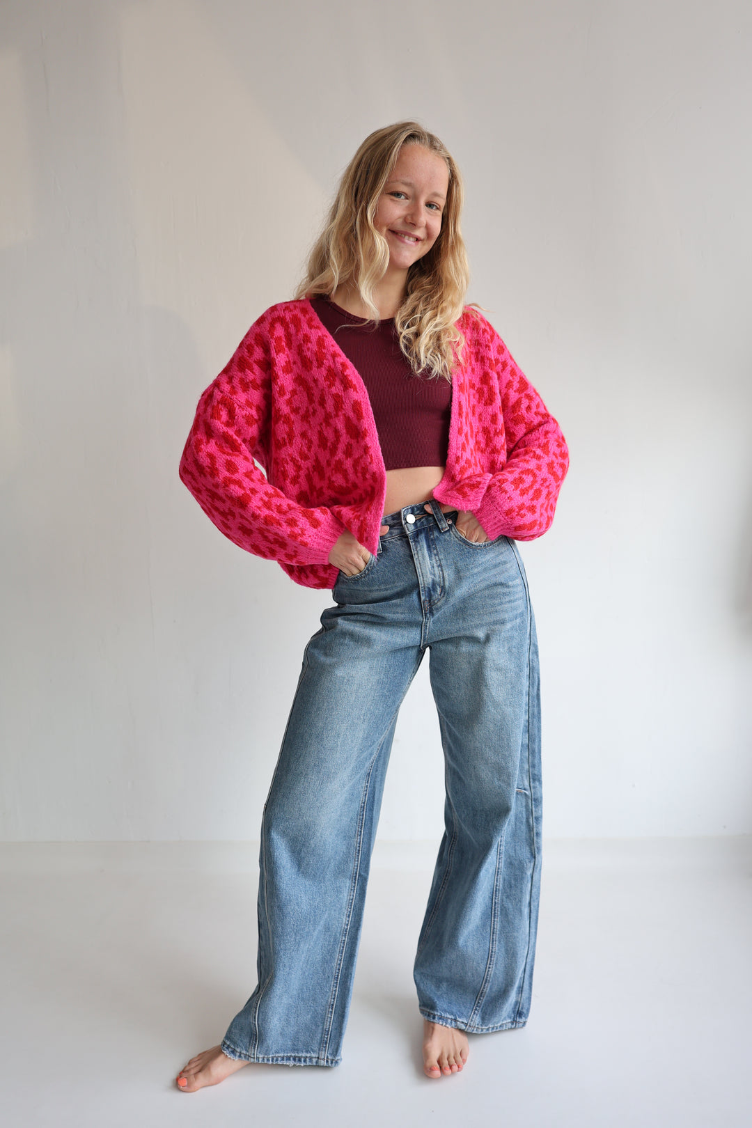 Offener Cardigan mit Leoprint