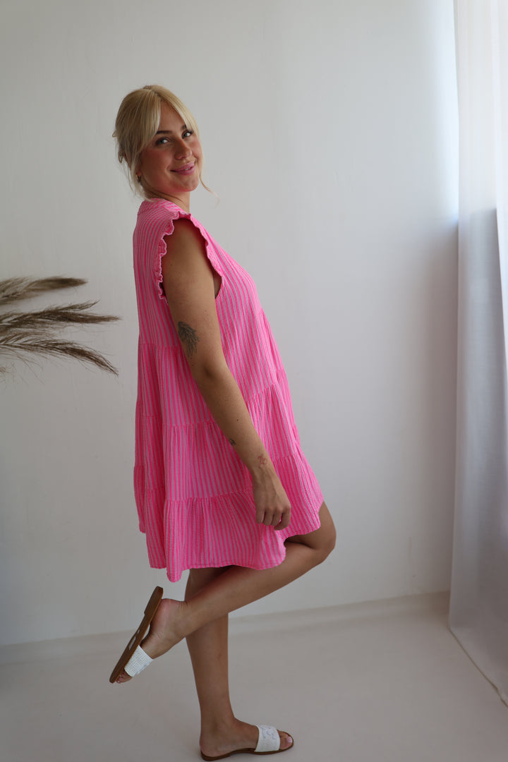 Kurzes Musselinkleid mit Rüschen Neon Summer