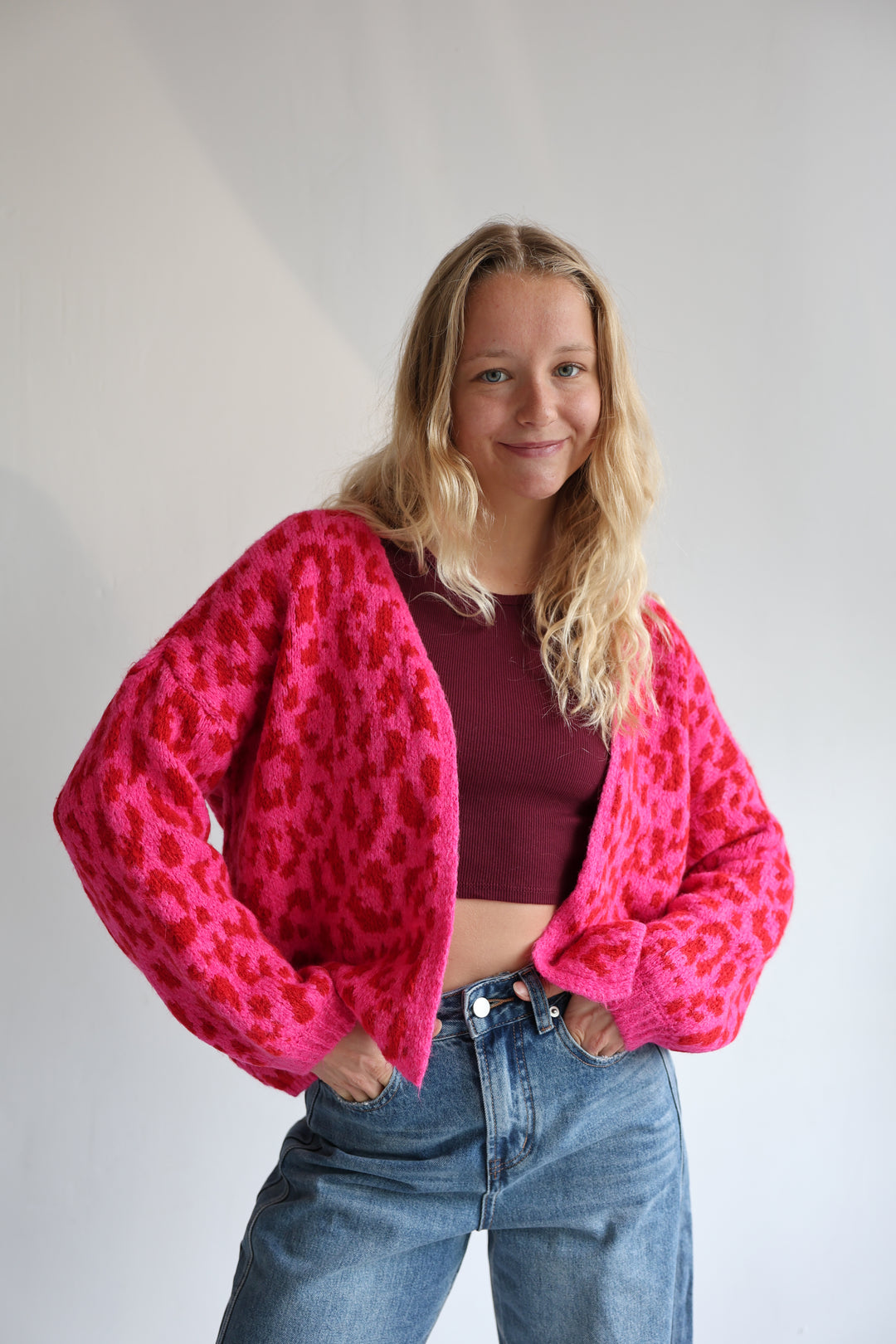 Offener Cardigan mit Leoprint