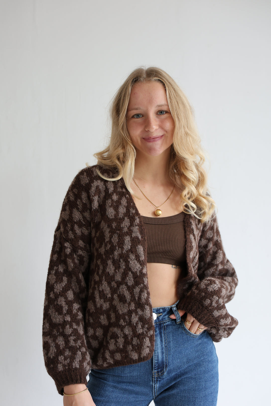 Offener Cardigan mit Leoprint