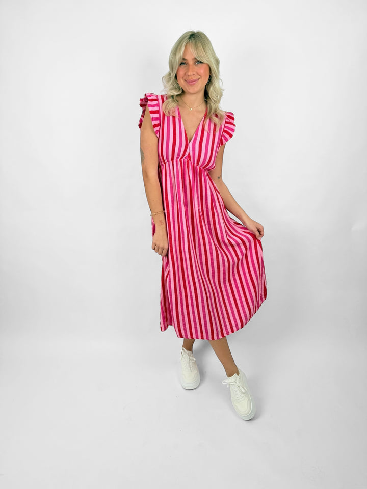 Langes Musselinkleid mit Rüschen Sweet Stripes