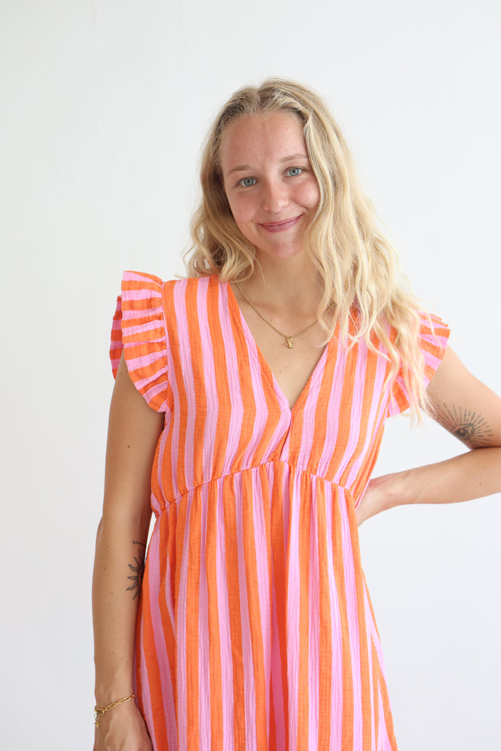 Langes Musselinkleid Blockstripes