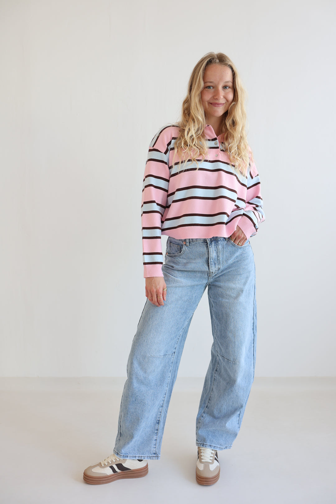 Soft Pink Striped Long Polo