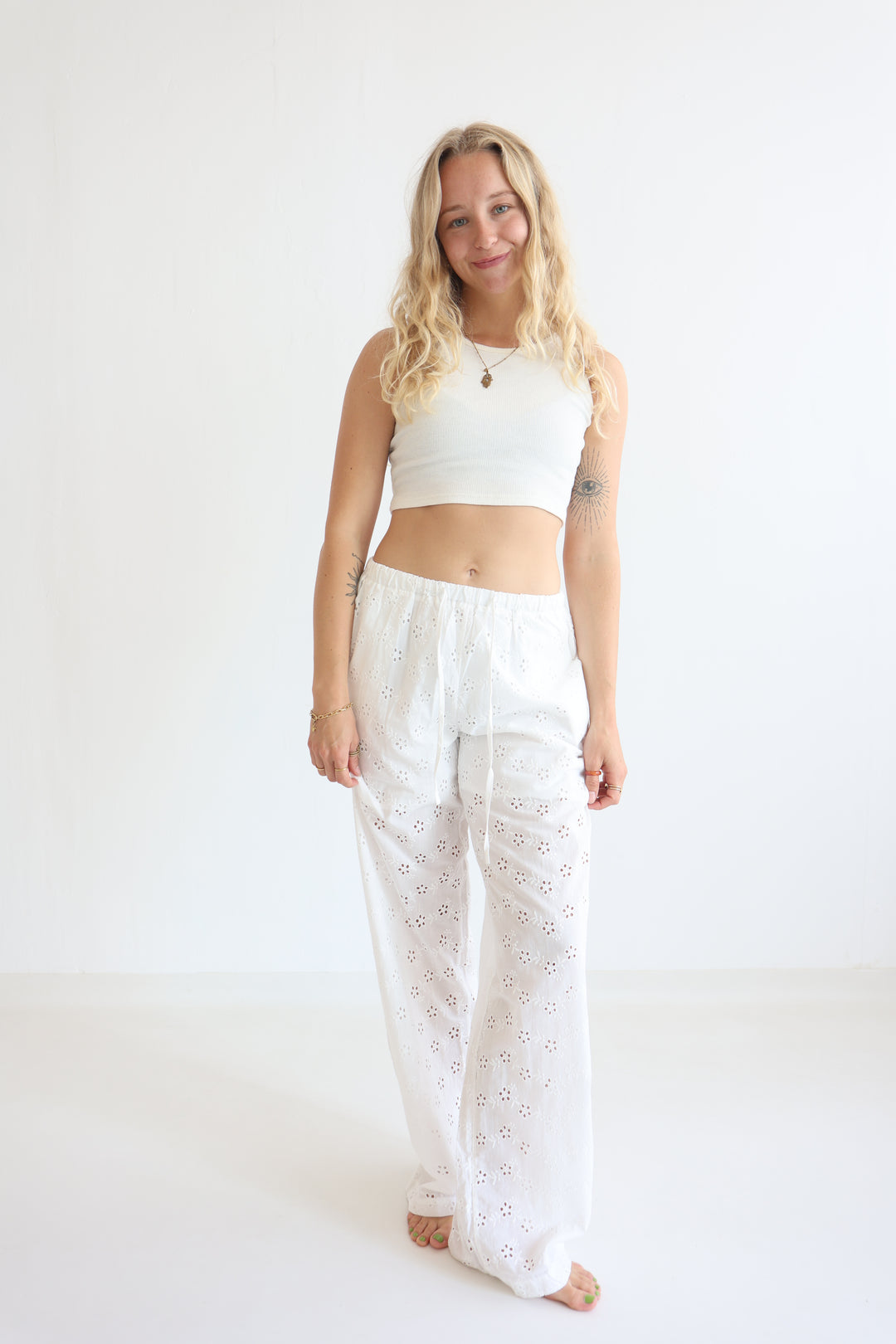White Boho Embroidered Pants