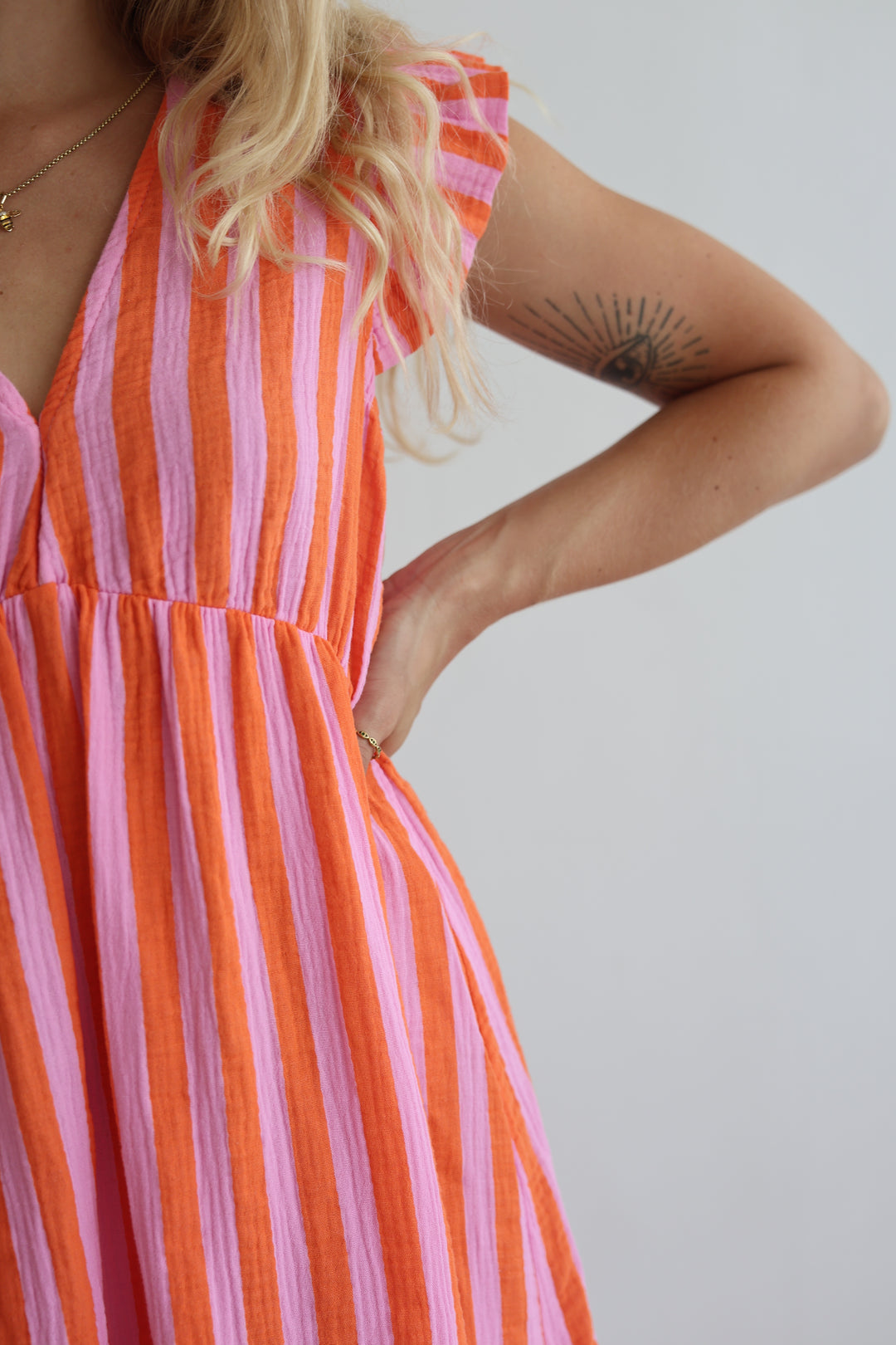 Langes Musselinkleid Blockstripes