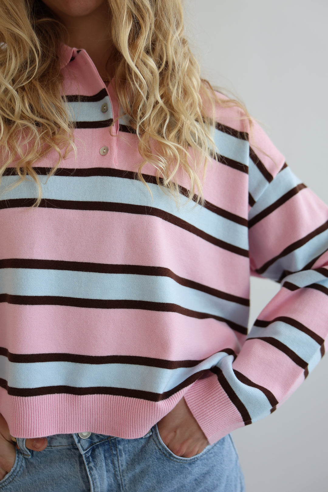 Soft Pink Striped Long Polo
