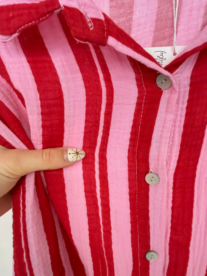 MUSSELINBLUSE BLOCKSTRIPES CHERRY PINK (B-WARE)
