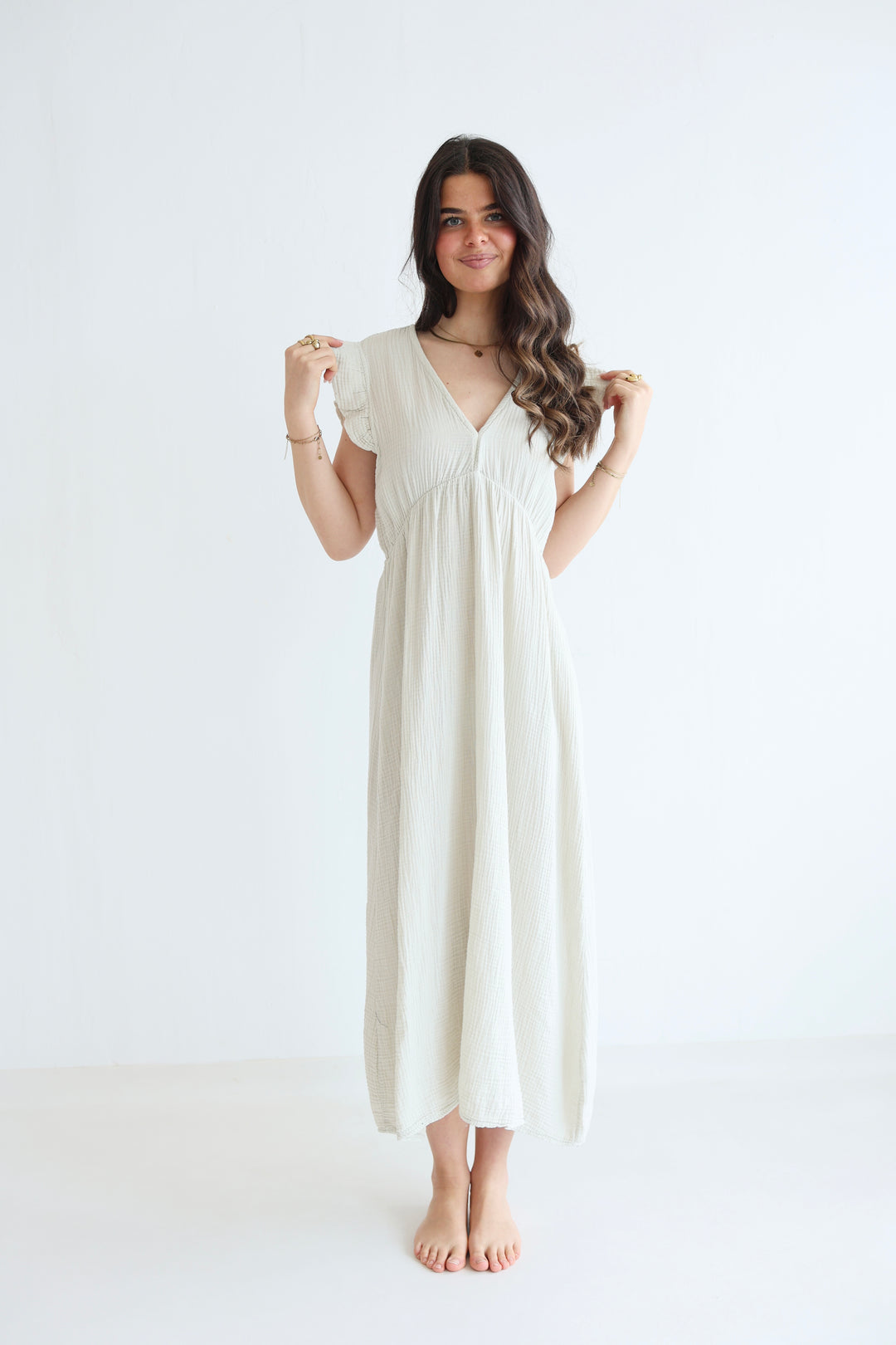 Langes Musselinkleid mit Rüschen Vanny