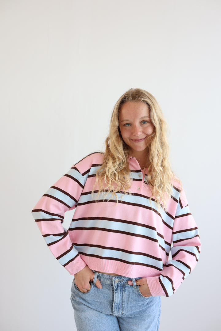 Soft Pink Striped Long Polo