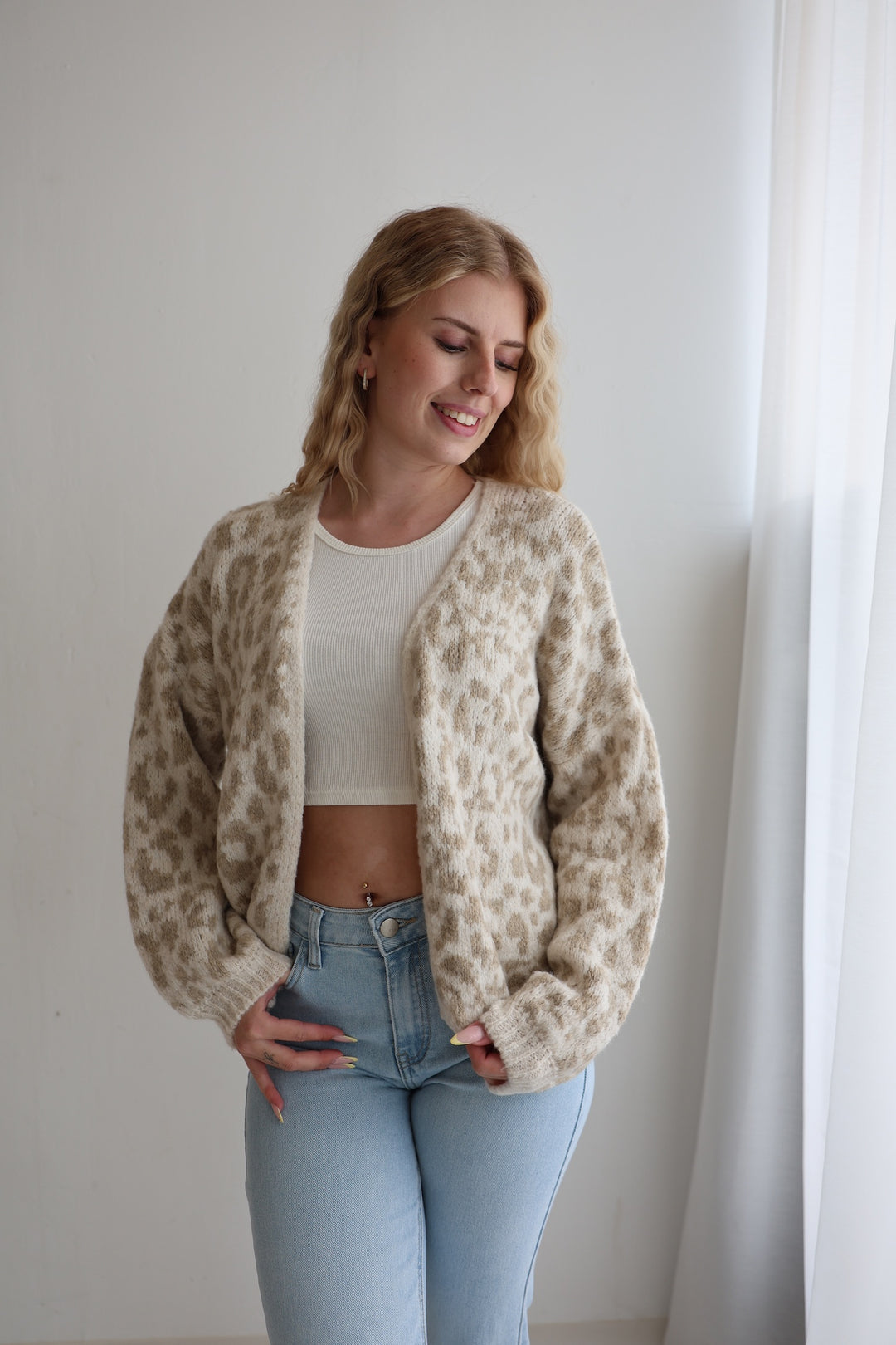 Offener Cardigan mit Leoprint
