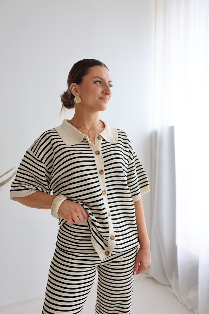 Gestreifter Kurzarm Cardigan mit Lochstrickmuster Cool Fit