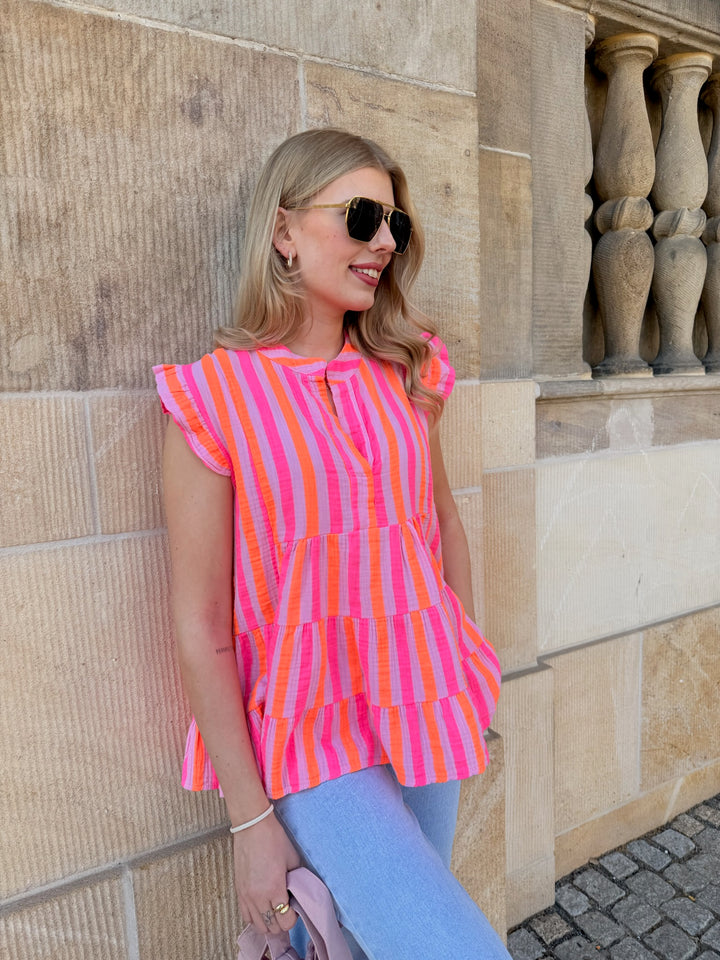 Musselintop mit Rüschenärmeln Neonstripes