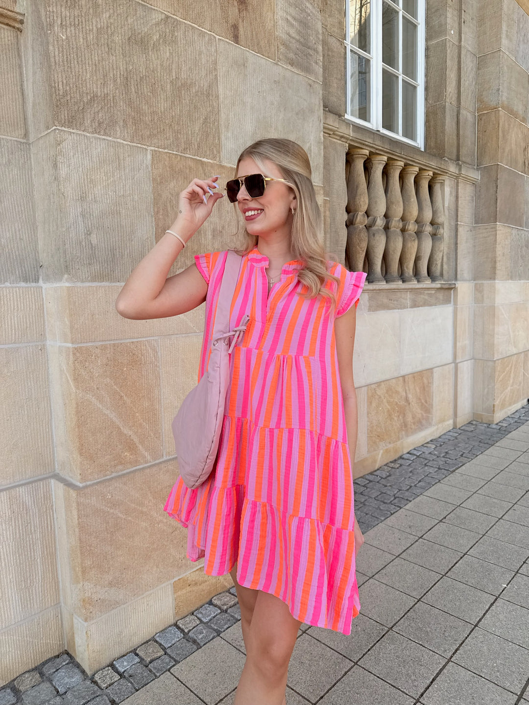 Kurzes Musselinkleid Neonstripes