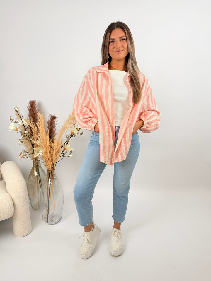 Kurzes Blusenhemd aus Musselin Blockstripes (Pastell)