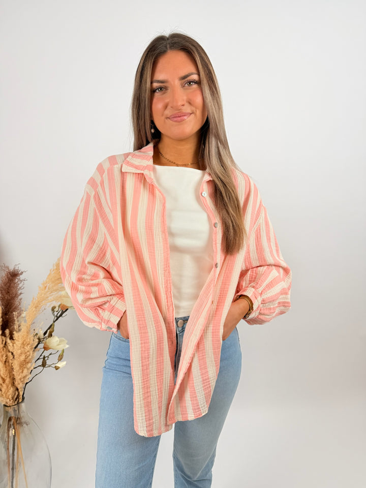 Kurzes Blusenhemd aus Musselin Blockstripes (Pastell)