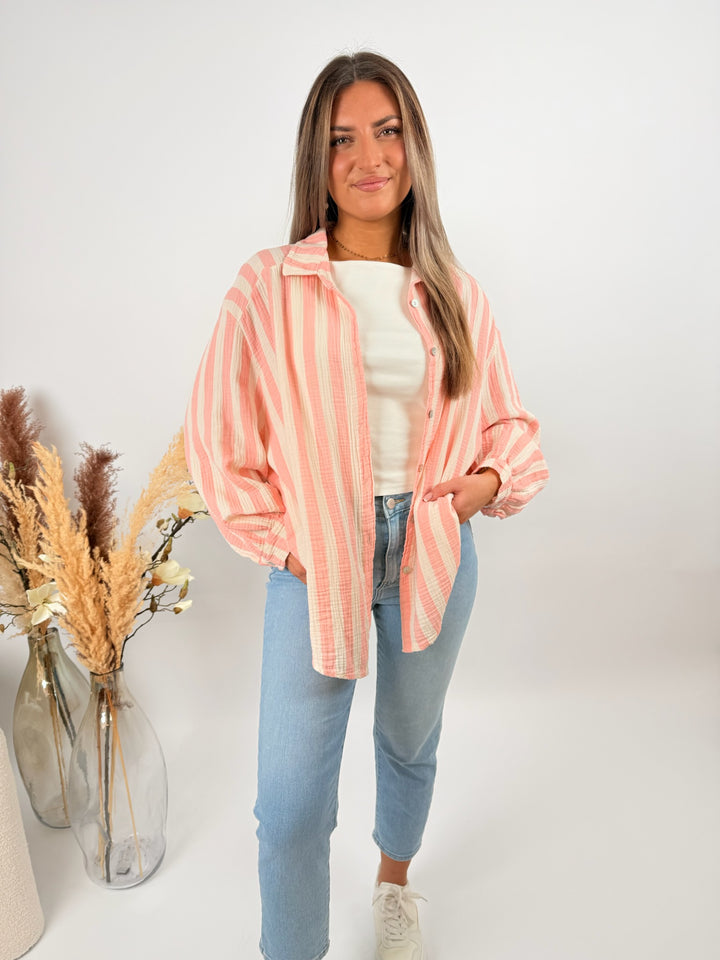 Kurzes Blusenhemd aus Musselin Blockstripes (Pastell)