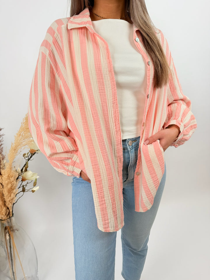 Kurzes Blusenhemd aus Musselin Blockstripes (Pastell)