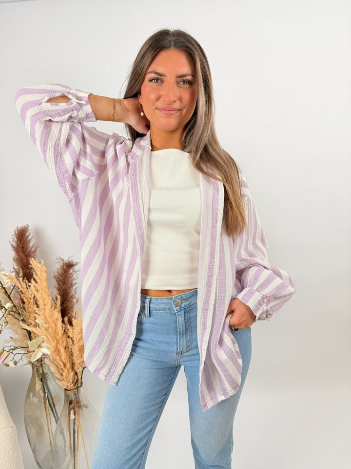 Kurzes Blusenhemd aus Musselin Blockstripes (Pastell)