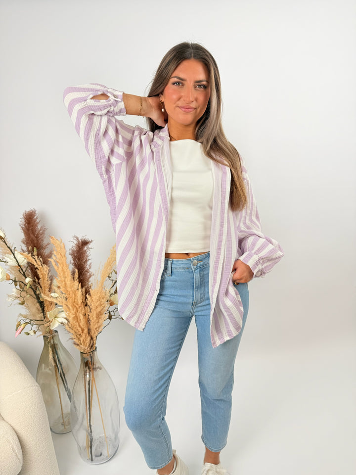 Kurzes Blusenhemd aus Musselin Blockstripes (Pastell)
