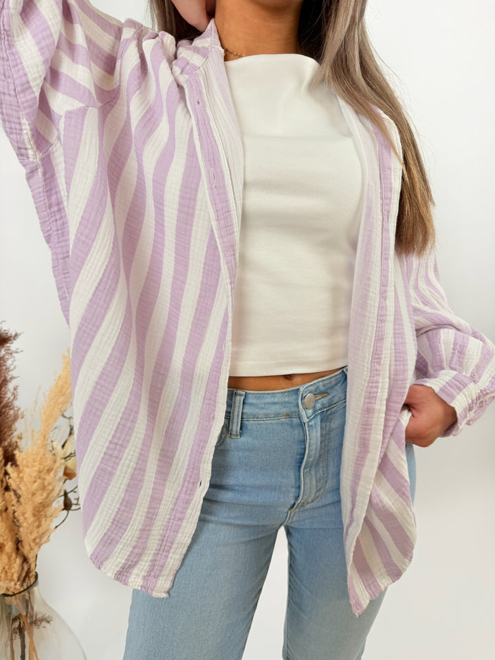 Kurzes Blusenhemd aus Musselin Blockstripes (Pastell)