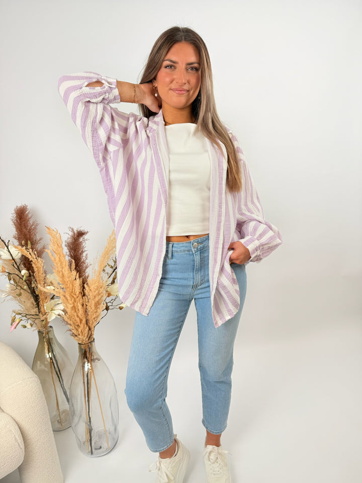 Kurzes Blusenhemd aus Musselin Blockstripes (Pastell)