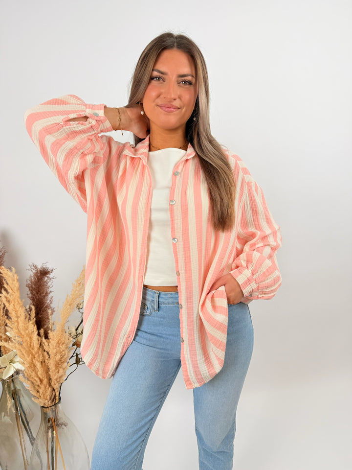 Kurzes Blusenhemd aus Musselin Blockstripes (Pastell)