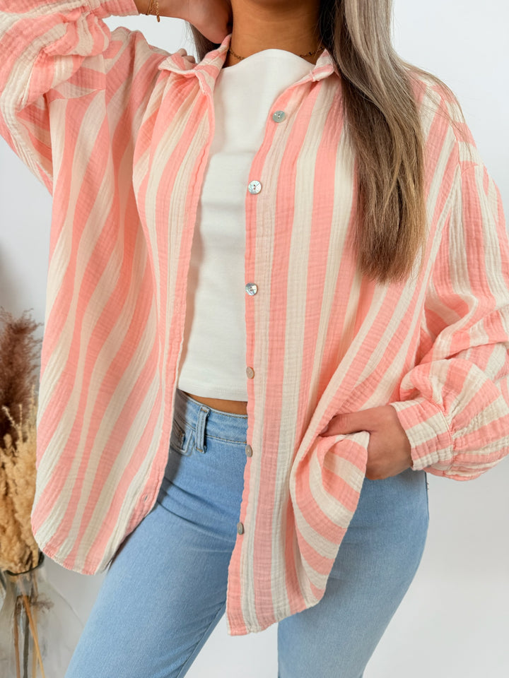Kurzes Blusenhemd aus Musselin Blockstripes (Pastell)