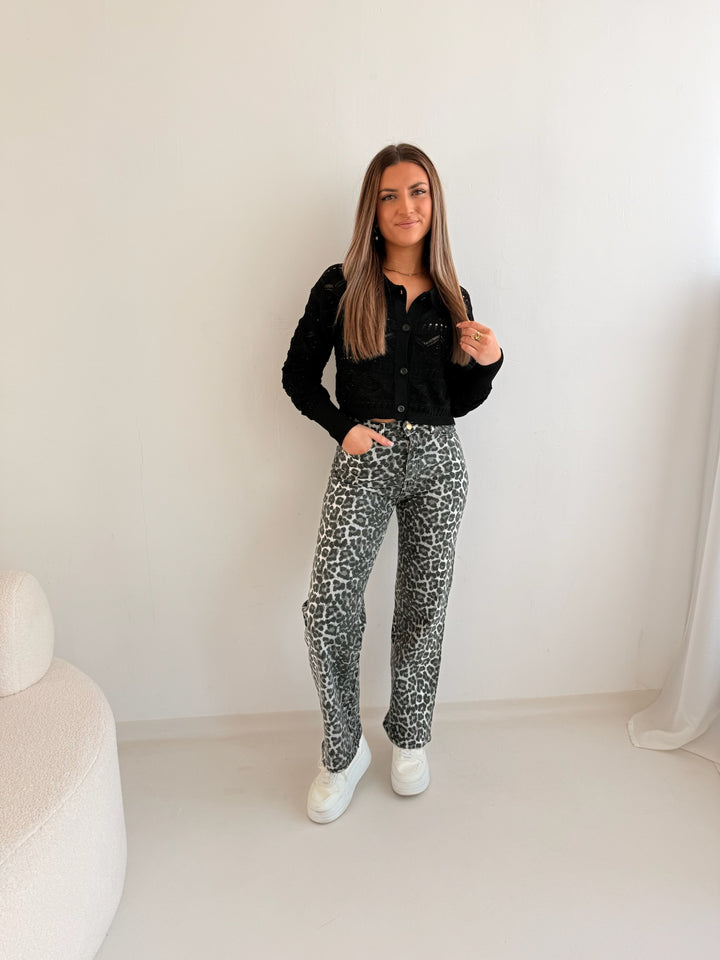 Schwarze Straight Fit Jeans mit Leoprint