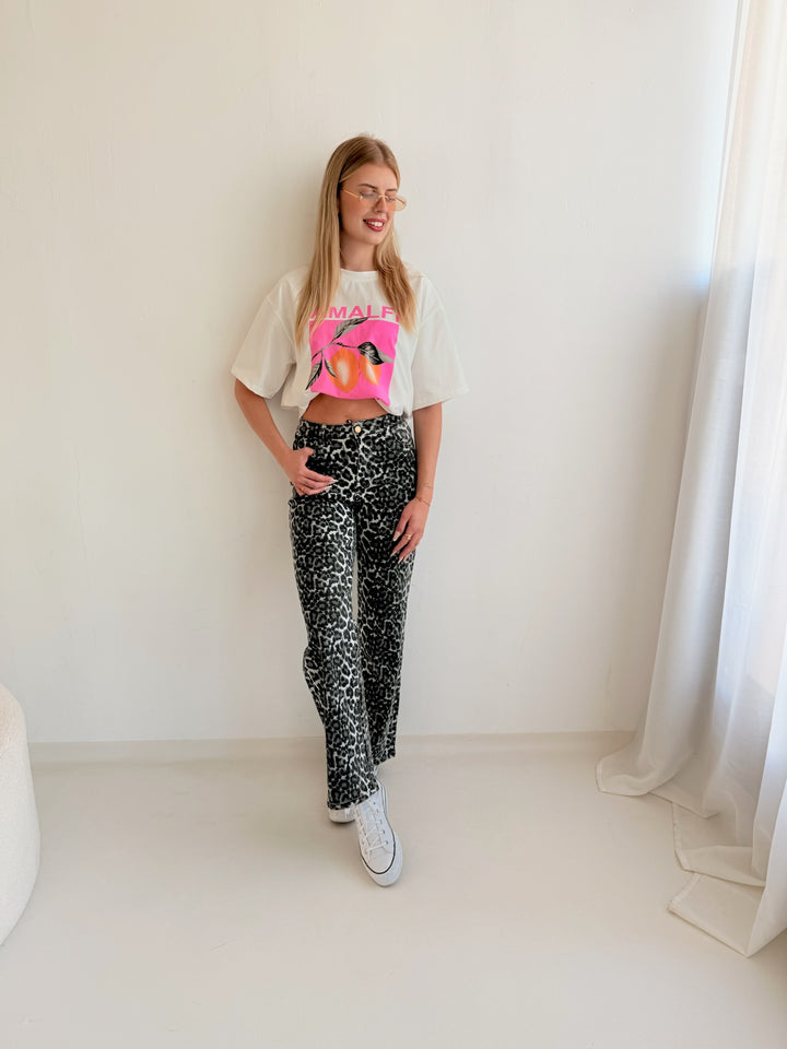 Schwarze Straight Fit Jeans mit Leoprint