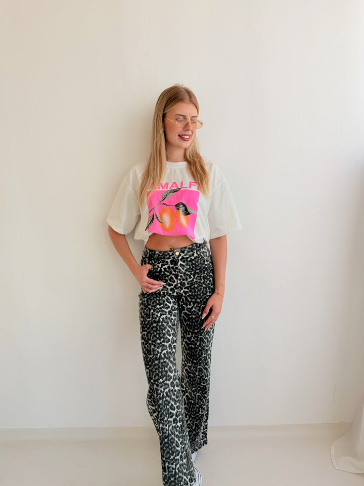 Schwarze Straight Fit Jeans mit Leoprint