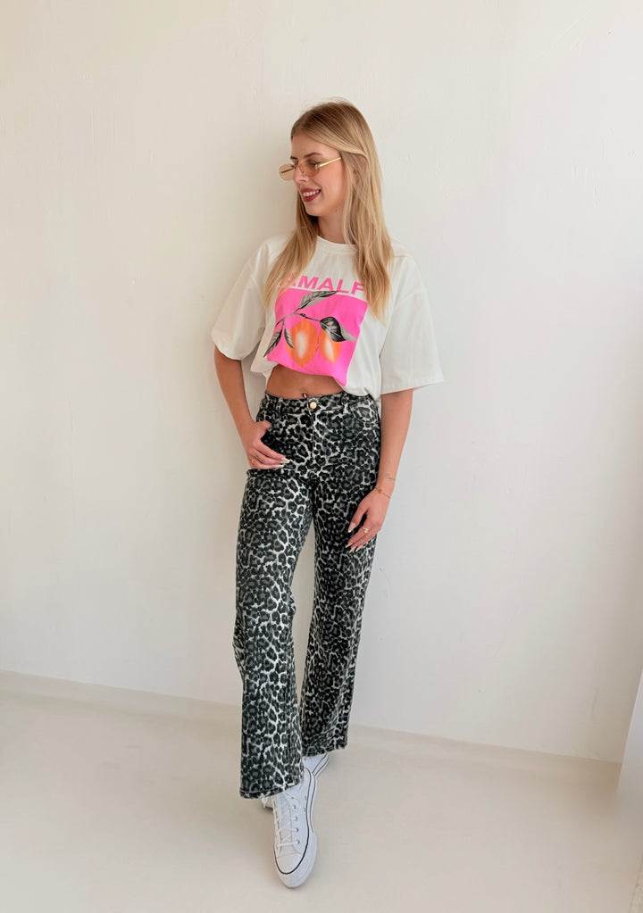 Schwarze Straight Fit Jeans mit Leoprint