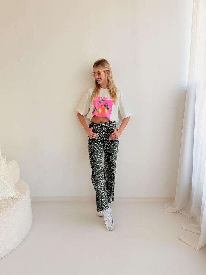 Schwarze Straight Fit Jeans mit Leoprint