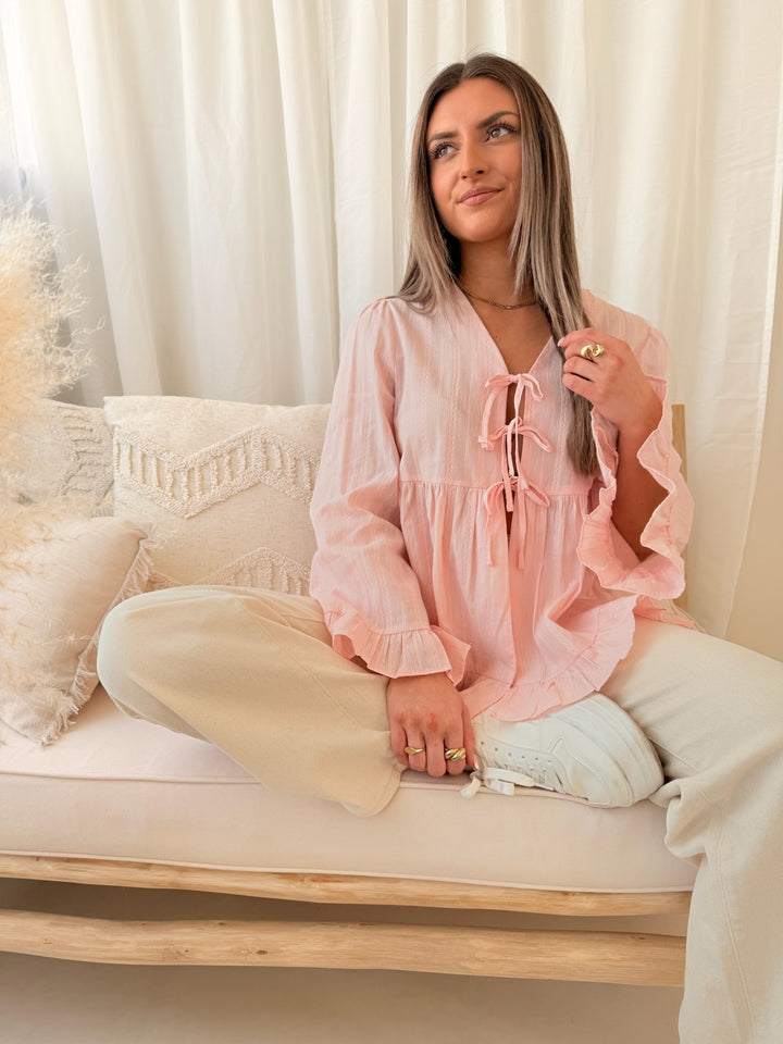 Bluse zum Binden mit Volant Jana