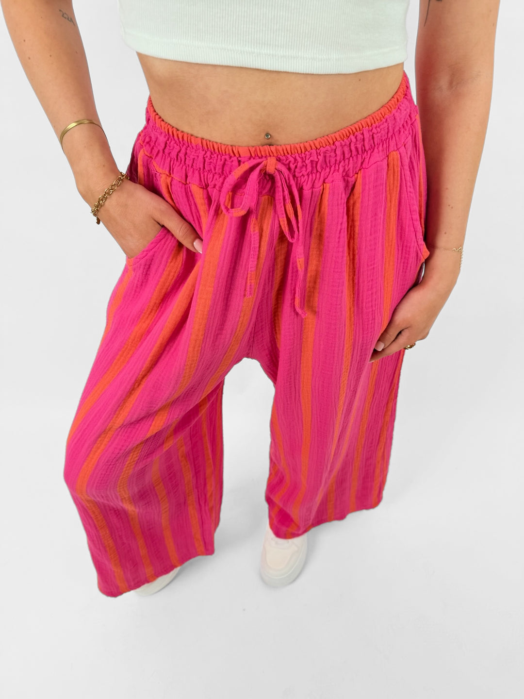 Gestreifte Musselinhose Pink Banda