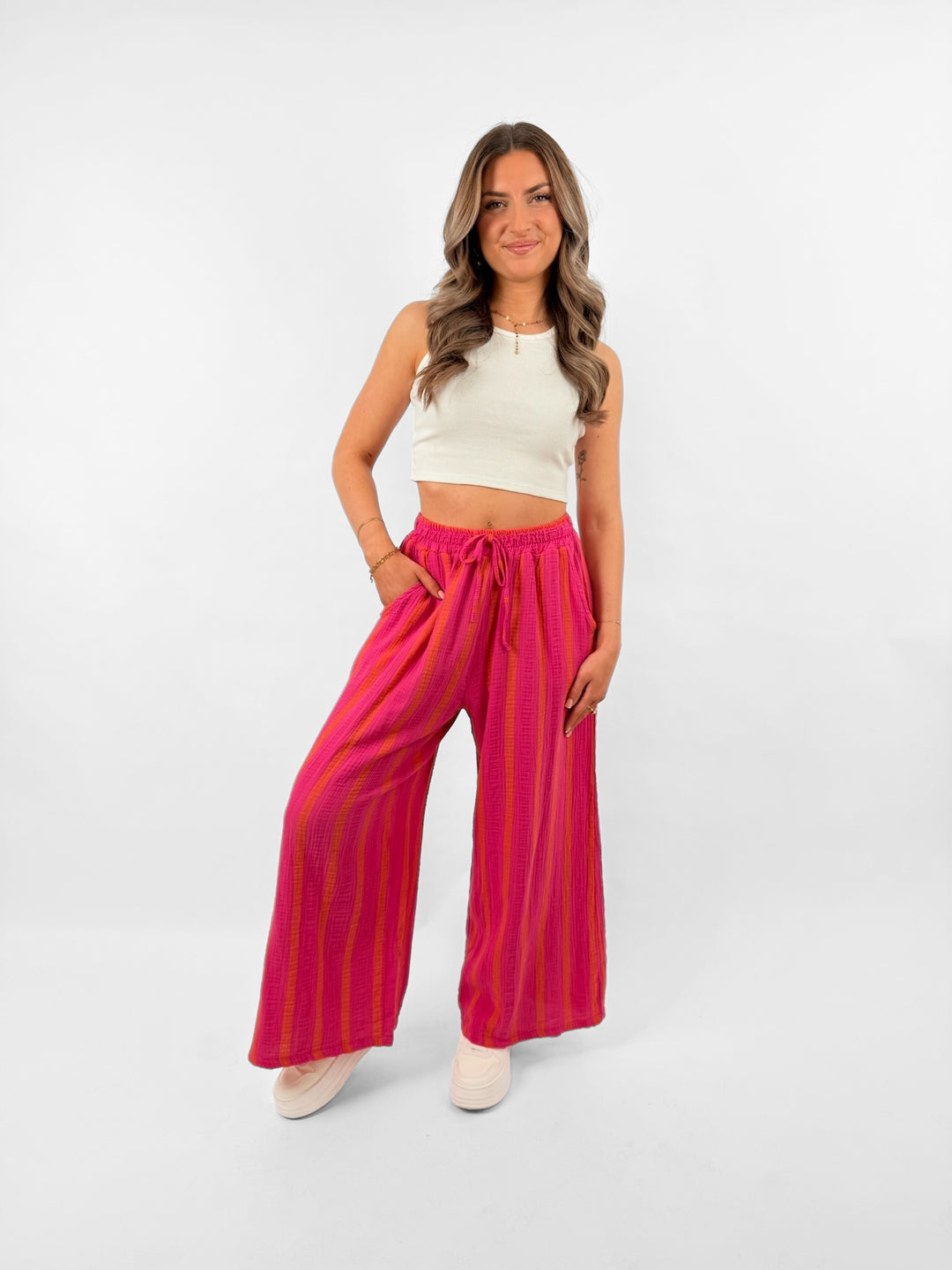 Gestreifte Musselinhose Pink Banda