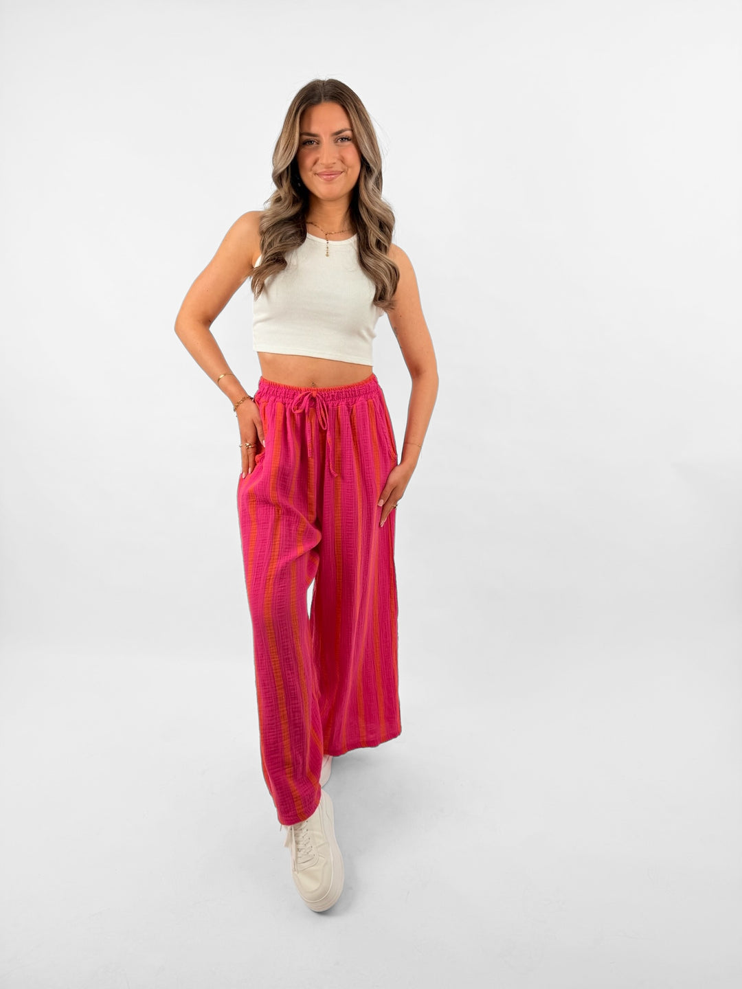 Gestreifte Musselinhose Pink Banda